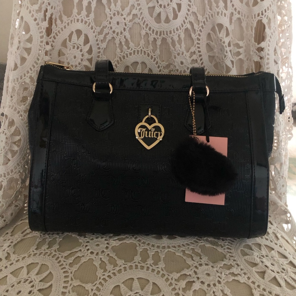 NWT Juicy Couture Black Patent Satchel with Gold Heart Charm and Pom-Pom